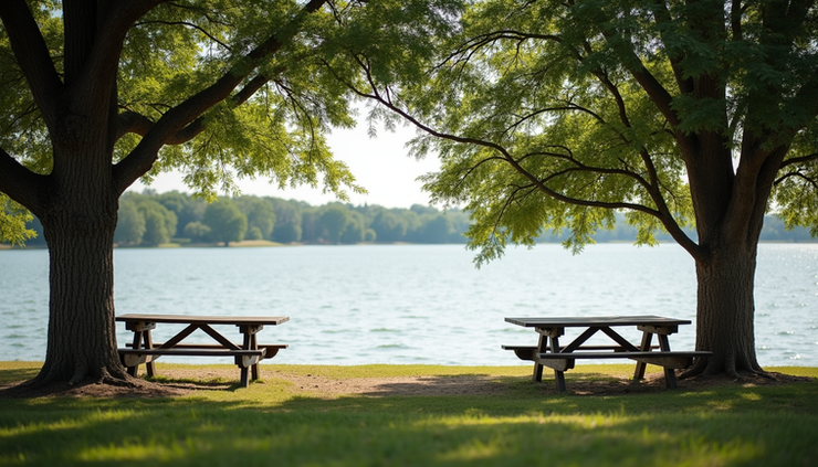 Eye-level view of a calm lake shore with picnic tables and shaded trees at Lake Conroe