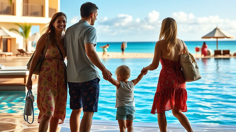 Family of four by a pool overlooking a beach, wearing summer clothes. Clear blue water, sunny day, happy mood.