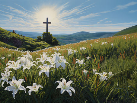 A serene meadow with white lilies, a wooden cross silhouetted against a bright sun. Rolling green hills under a clear blue sky.