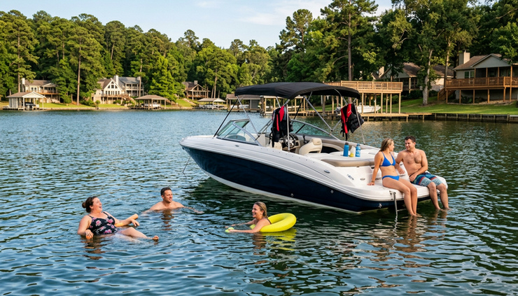 Eye-level view of swimmers relaxing near a boat in a quiet Lake Conroe cove