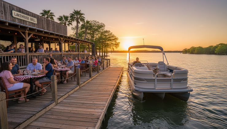 Wide-angle view of a boat approaching a waterfront restaurant on Lake Conroe.