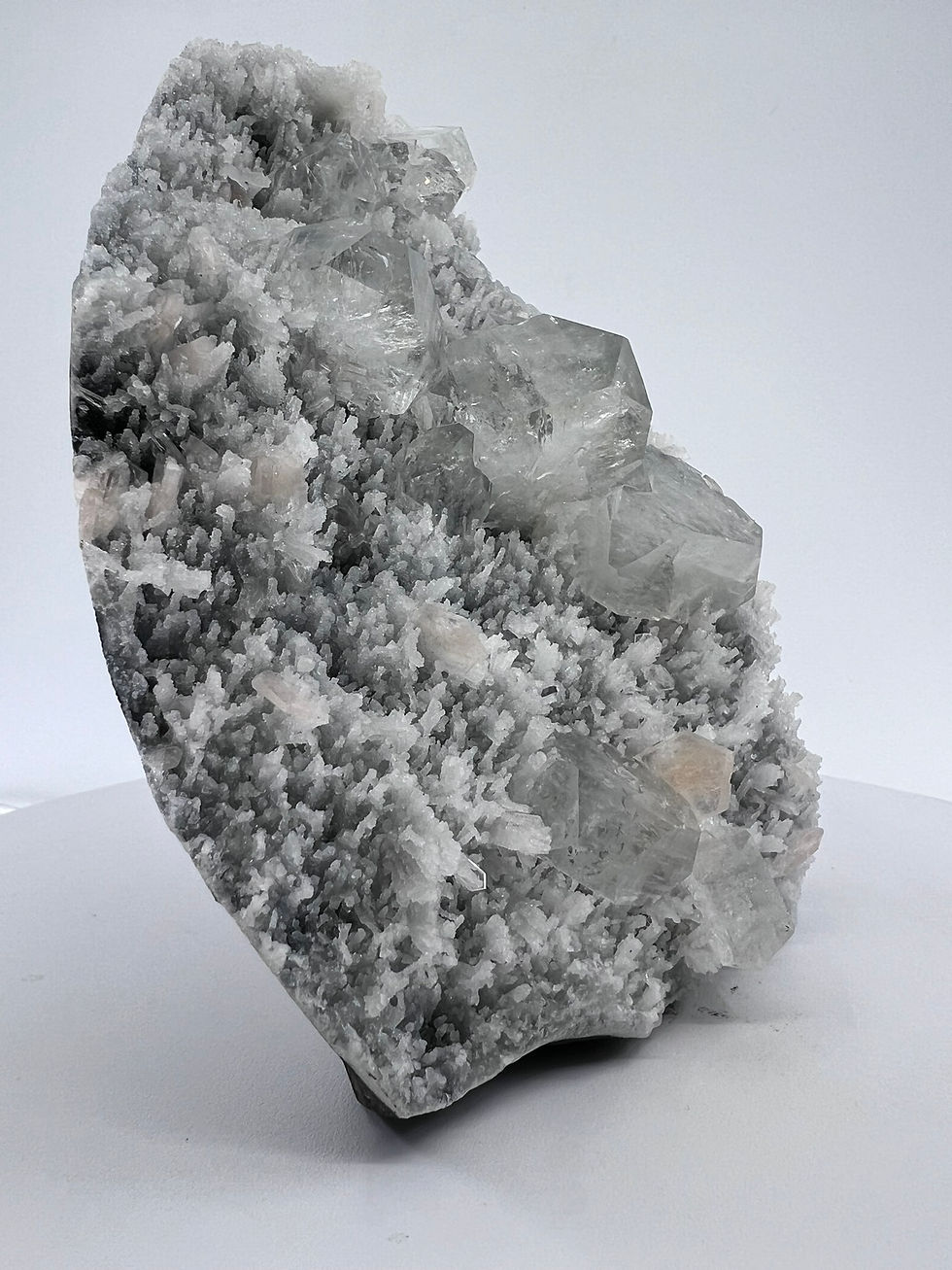 White Apophyllite Crystals, Stilbite On Coral Chalcedony