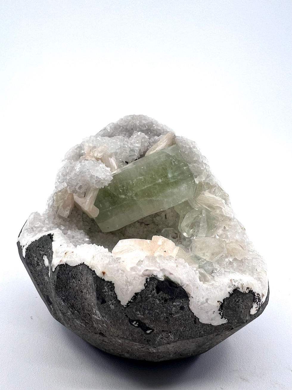 Green Apophyllite Crystals, Stilbite on White Chalcedony