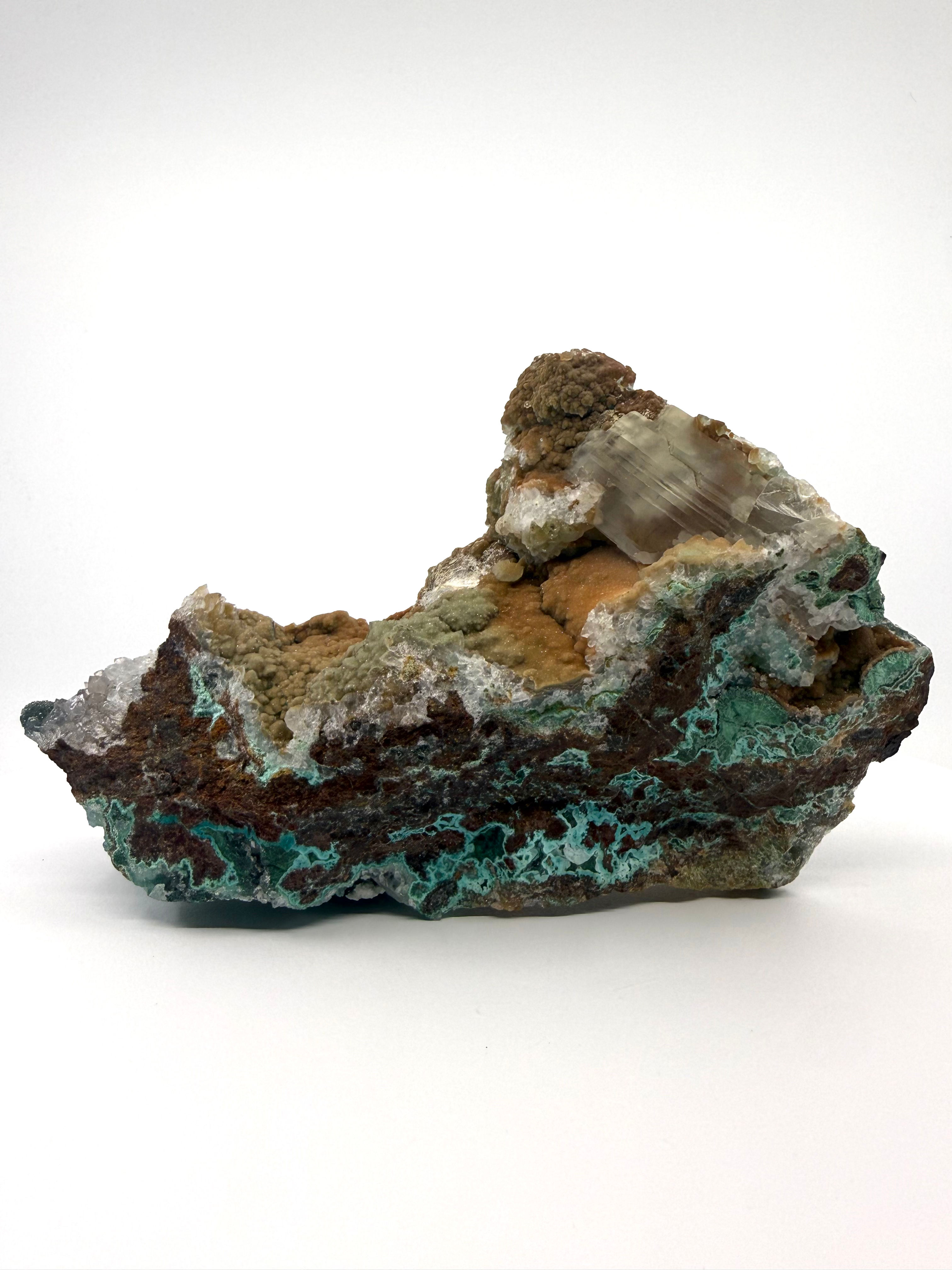 Atacamite, Chrysocolla, Malachite, Selenite on Iron Oxide Matrix “Mineral Ship”