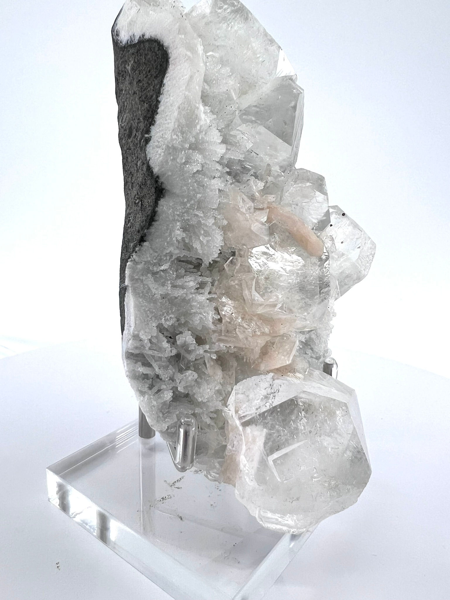 White Apophyllite Crystals, Stilbite On Coral Chalcedony