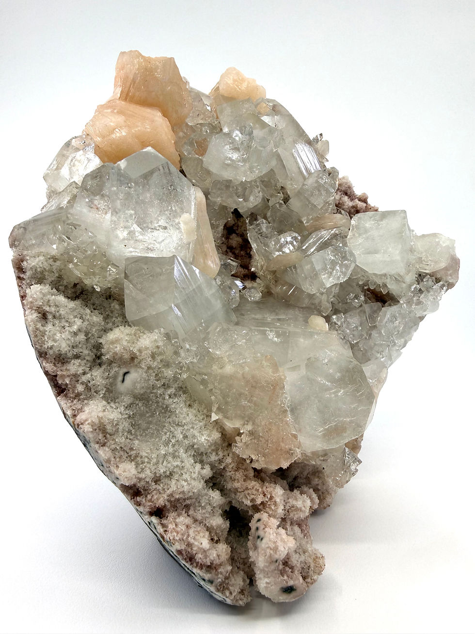 Thumbnail: Cubed Apophyllite with Orange Stilbite on Pink Chalcedony