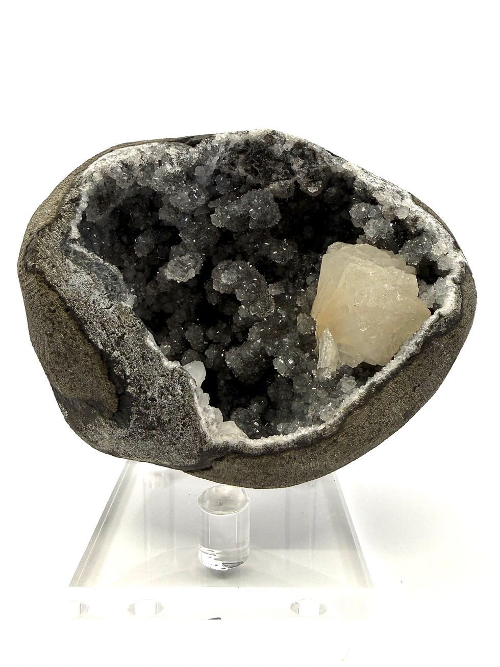 White Stilbite on Coral Chalcedony Geode