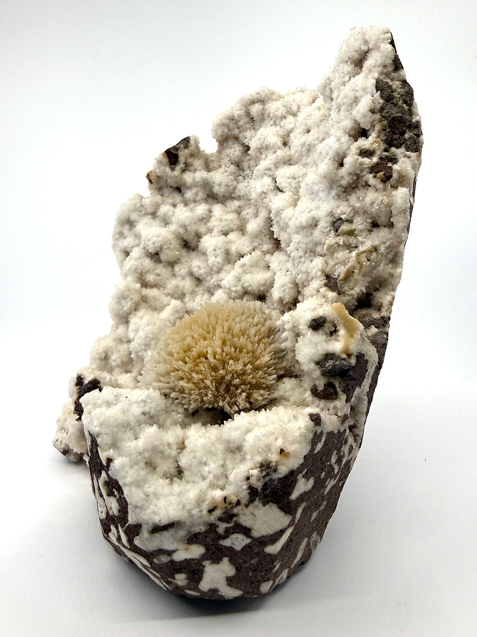 Thumbnail: Scolecite with Thomsonite Inclusions on White Coral Chalcedony