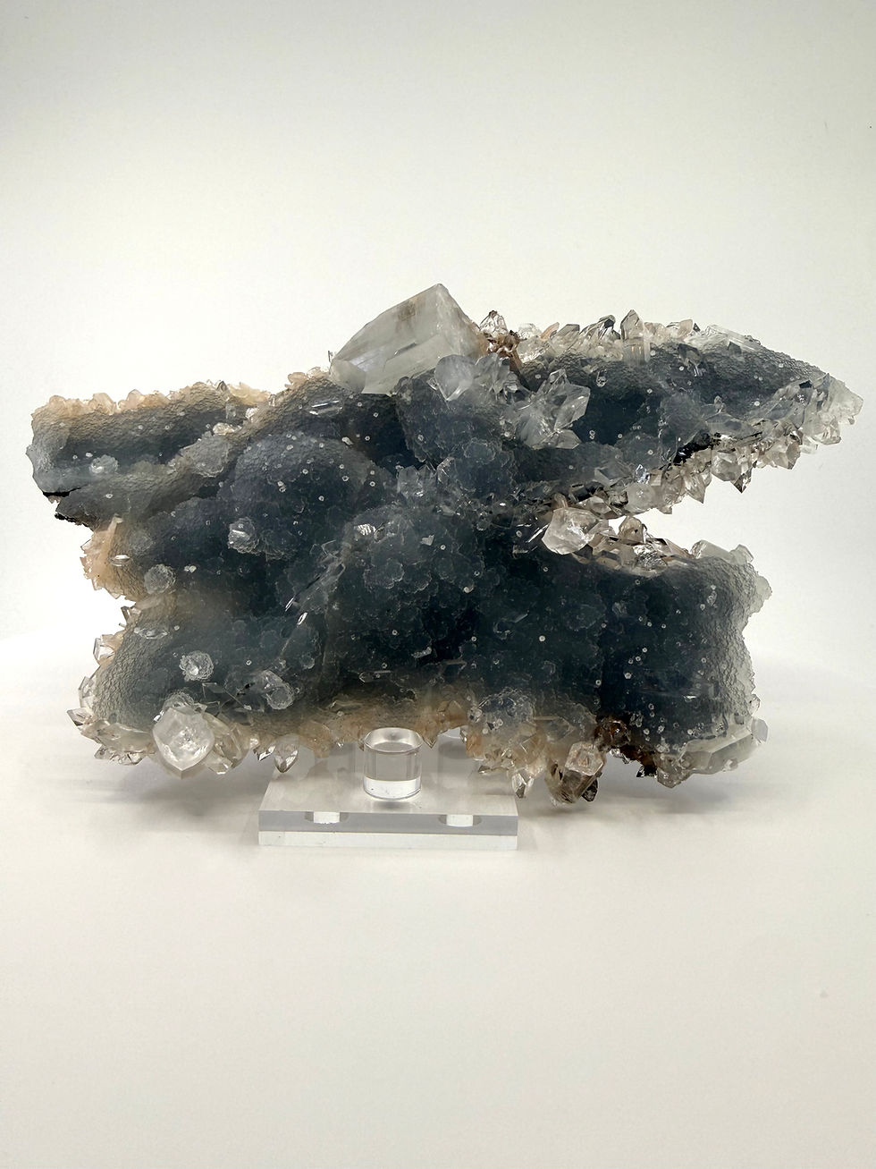 Pointed Apophyllite with Red Hematite Inclusions, Stilbite on Blue Chalcedony