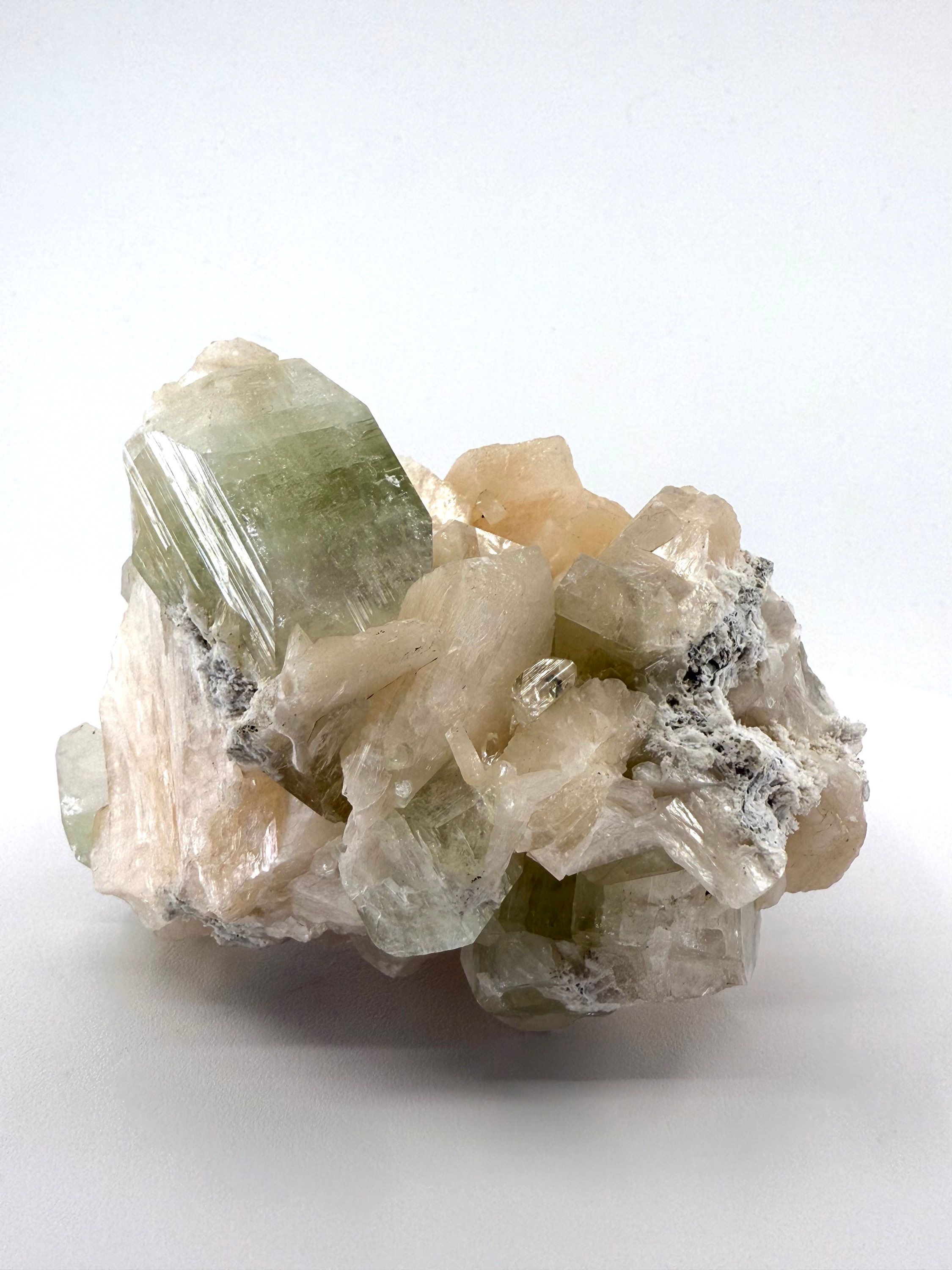 Green and White Cubed Apophyllite on Stilbite