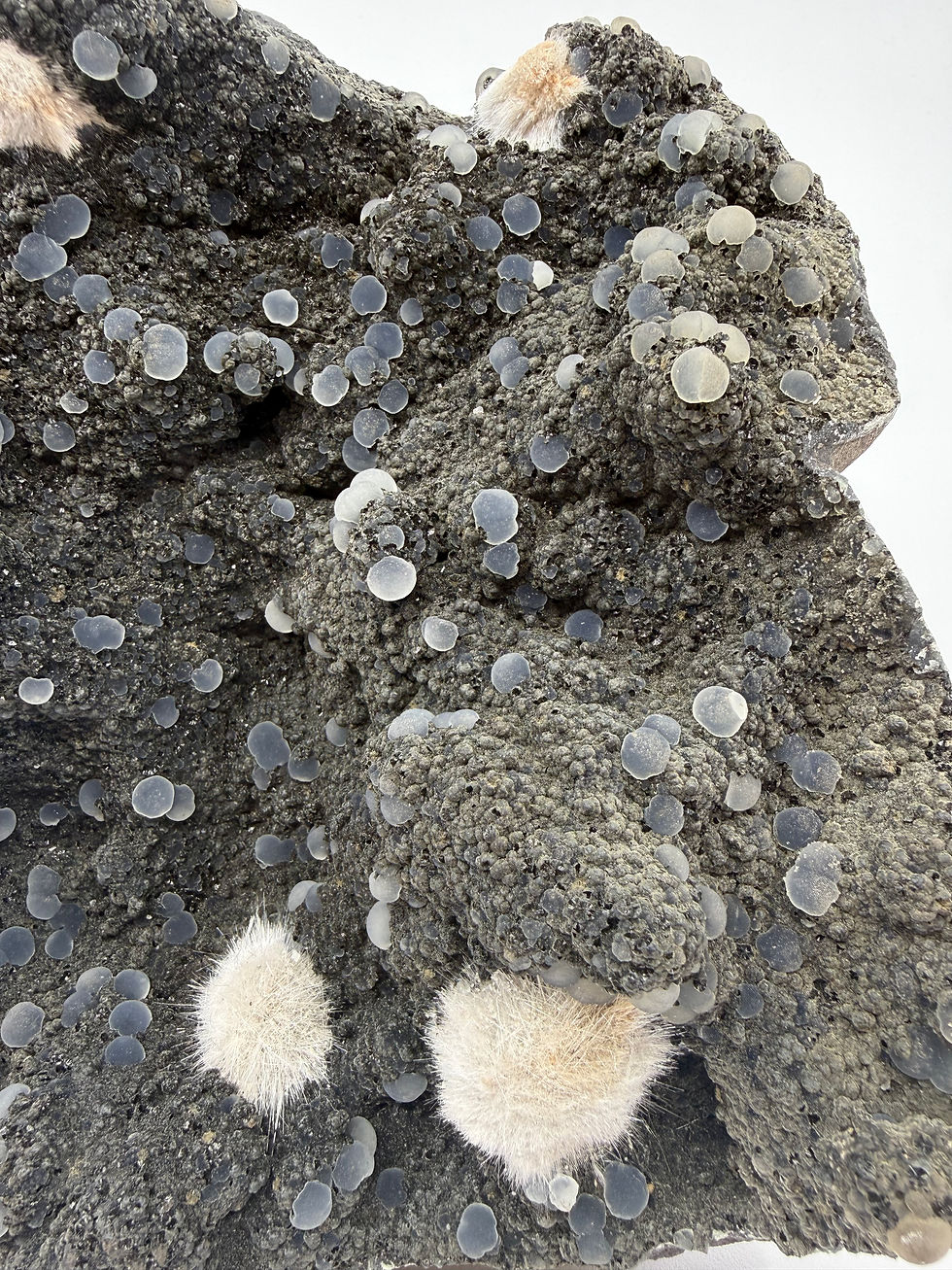 Thumbnail: Gray Chalcedony Balls, Pink Mesolite on Julgodite