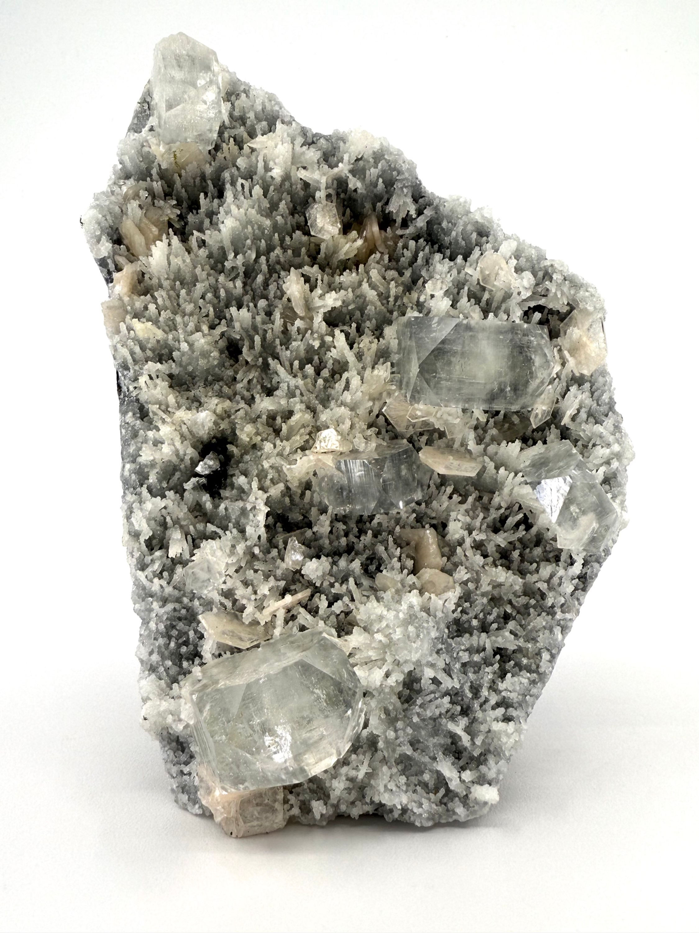 White Apophyllite on Coral Chalcedony