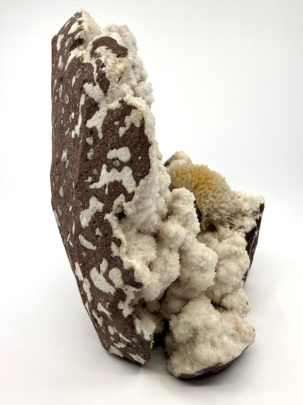 Thumbnail: Scolecite with Thomsonite Inclusions on White Coral Chalcedony