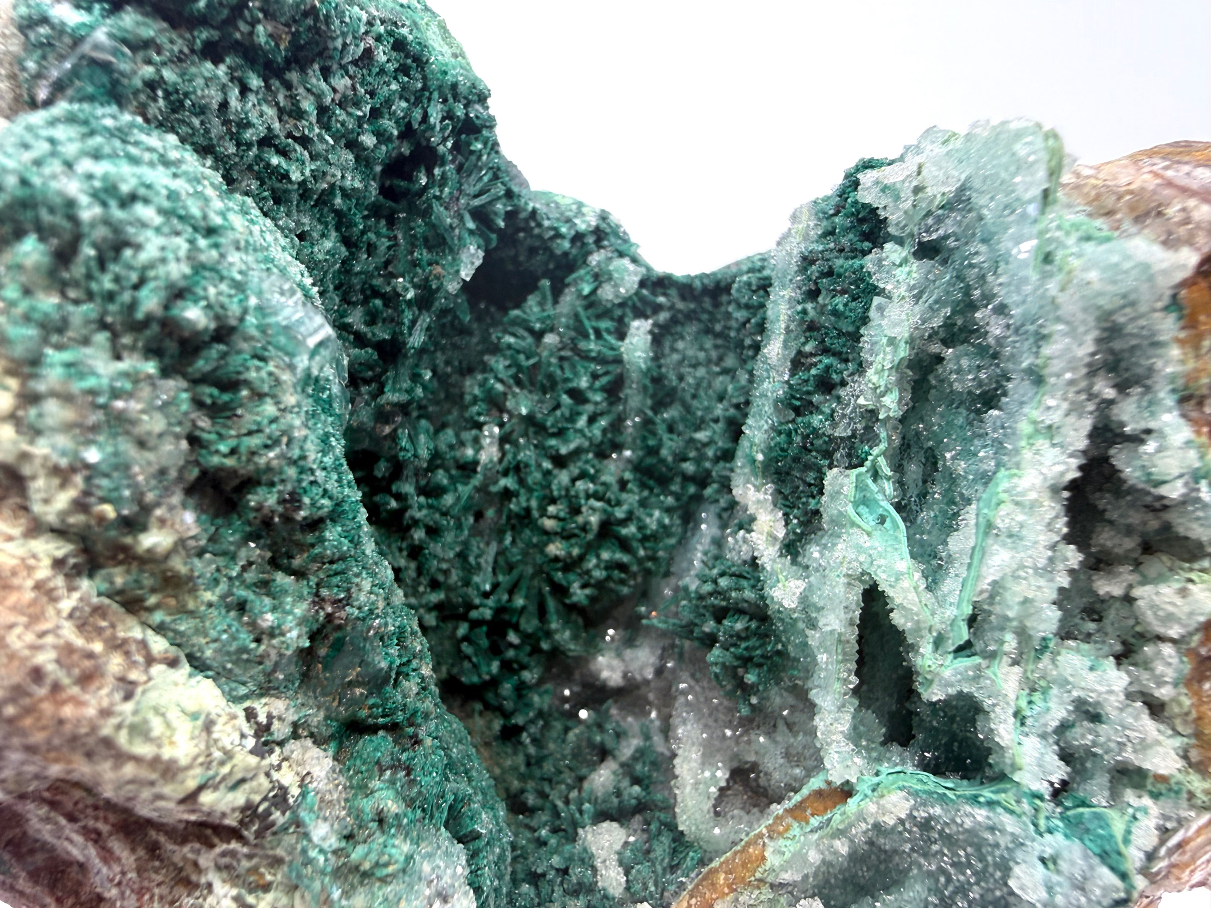 Druzy Chrysocolla Stalactite with Quartz, Calcite, Malachite and Selenite