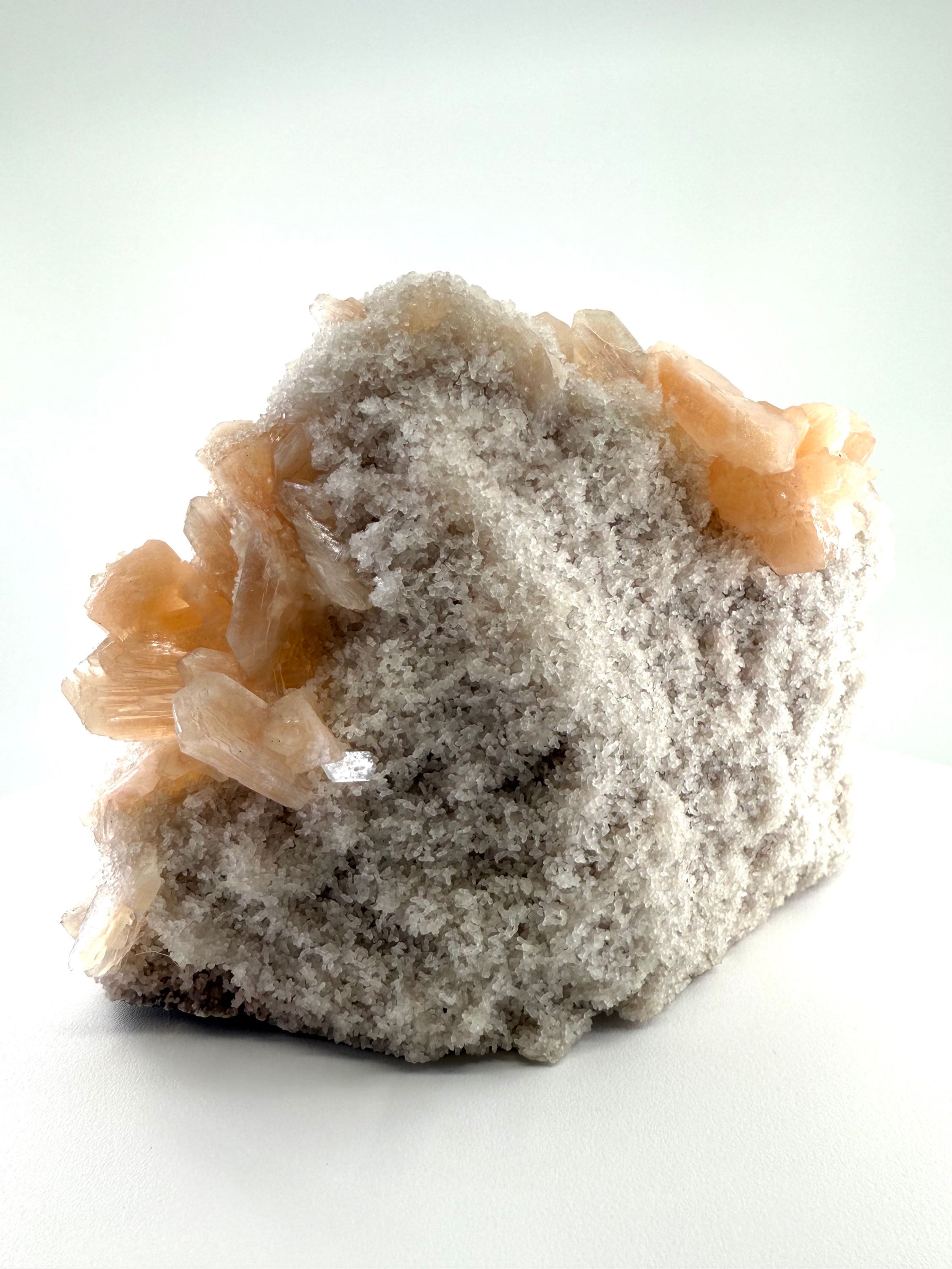 Peach Stilbite with Prehnite on White Chalcedony