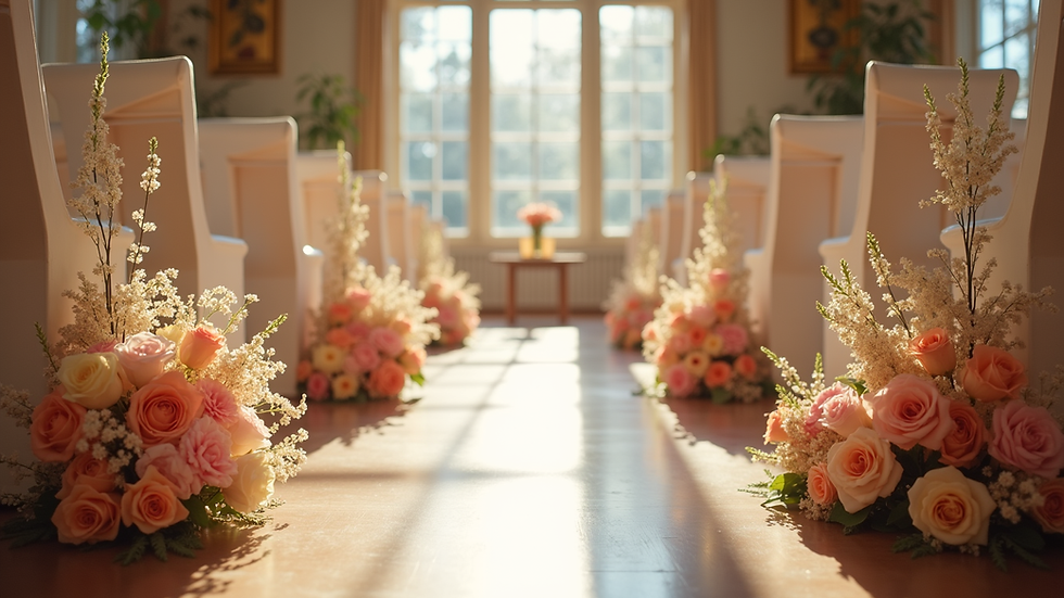 Eye-level view of a beautifully decorated event space with elegant floral arrangements