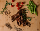 meat and veg on wooden board