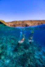 Two people snorkeling over coral reef in Big Island