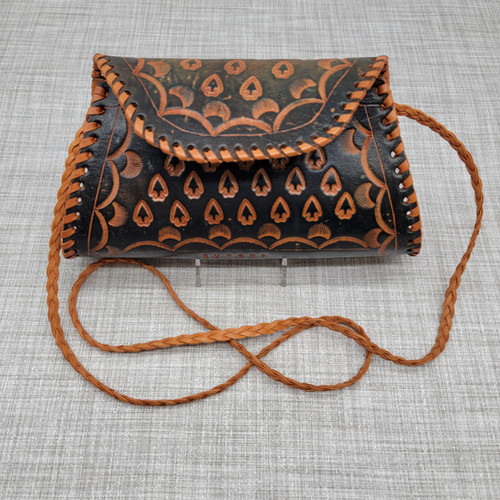 Blue leather purse with arrow heads and braided strap Sea Side Fiber Arts