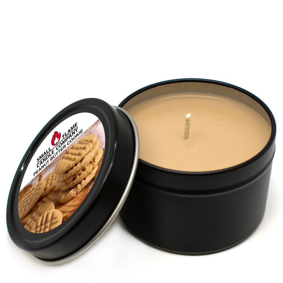 Open black tin candle, peanut butter cookie scent