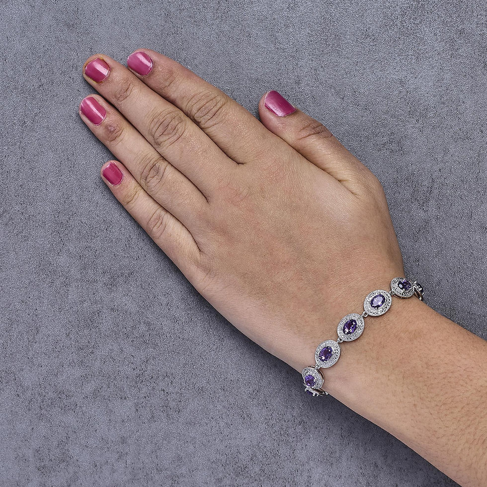 Thumbnail: Sterling Silver 5x7 MM Oval Purple Amethyst & Diamond Halo Link Bracelet