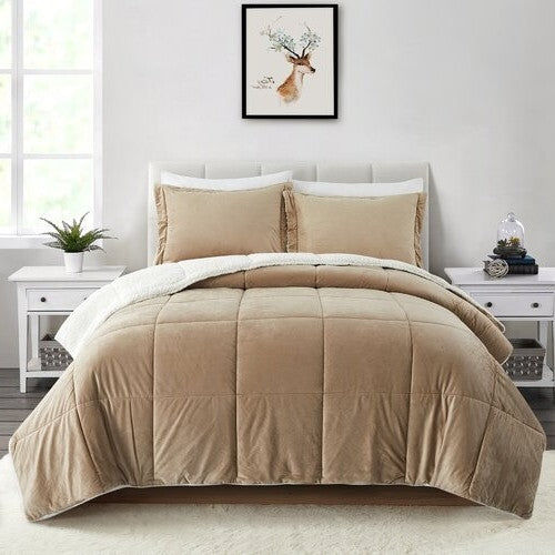 Bedroom with bed, beige comforter, and pillows