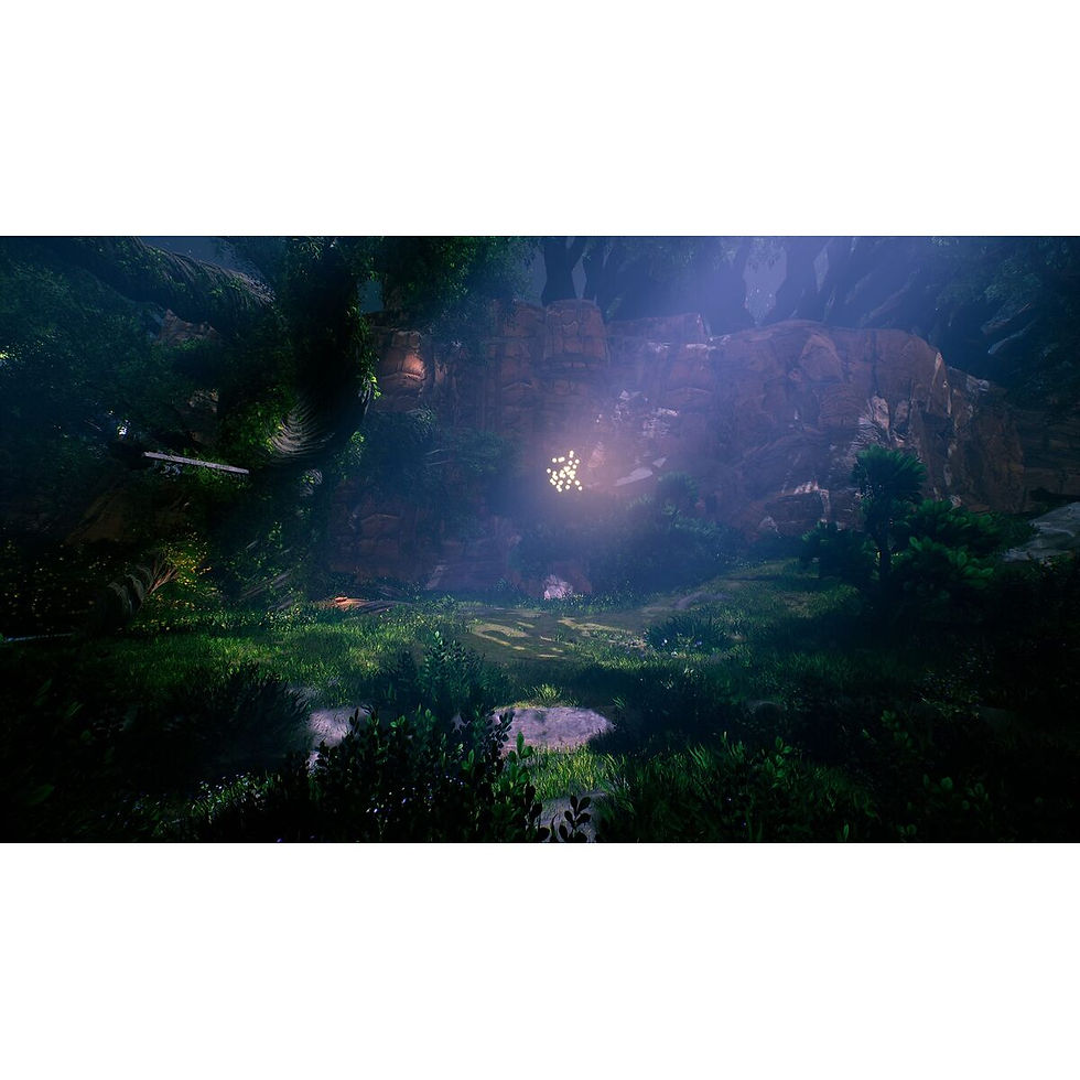Dark, lush cavern scene in video game with glowing light
