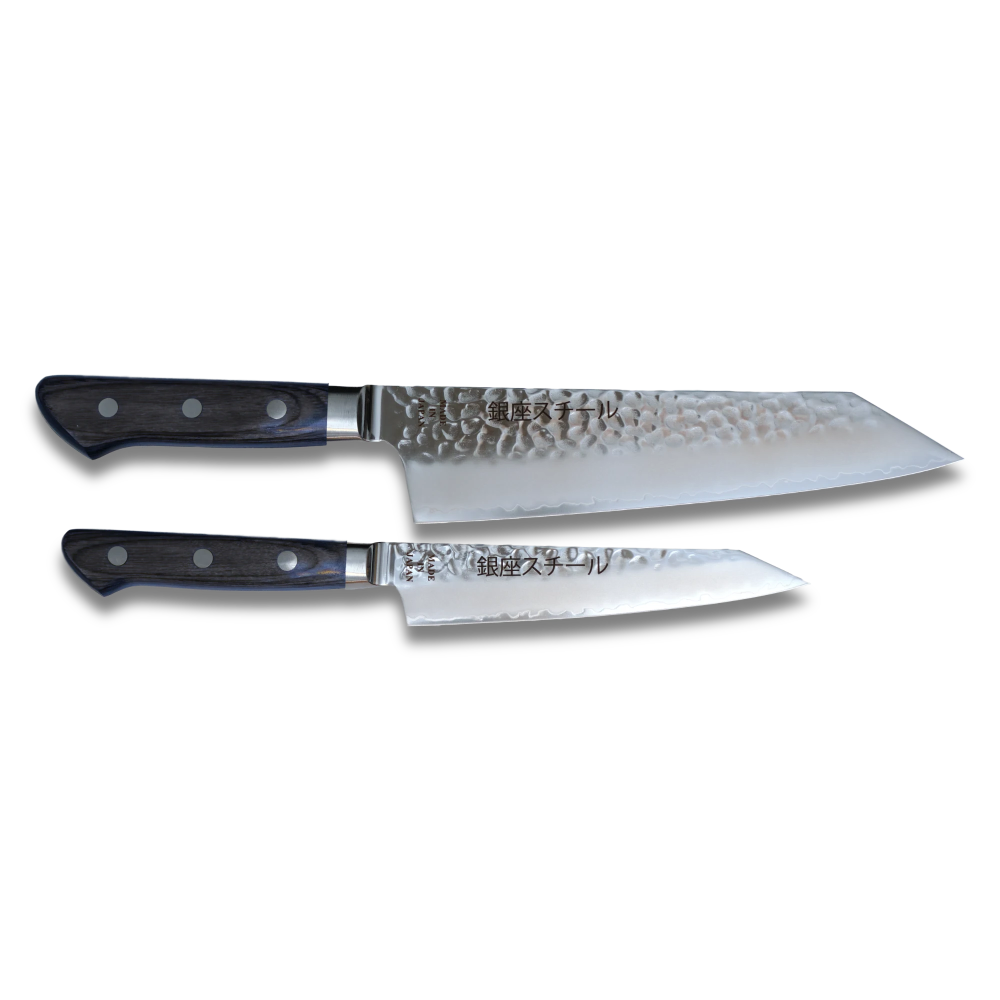 Two hammered blade kitchen knives