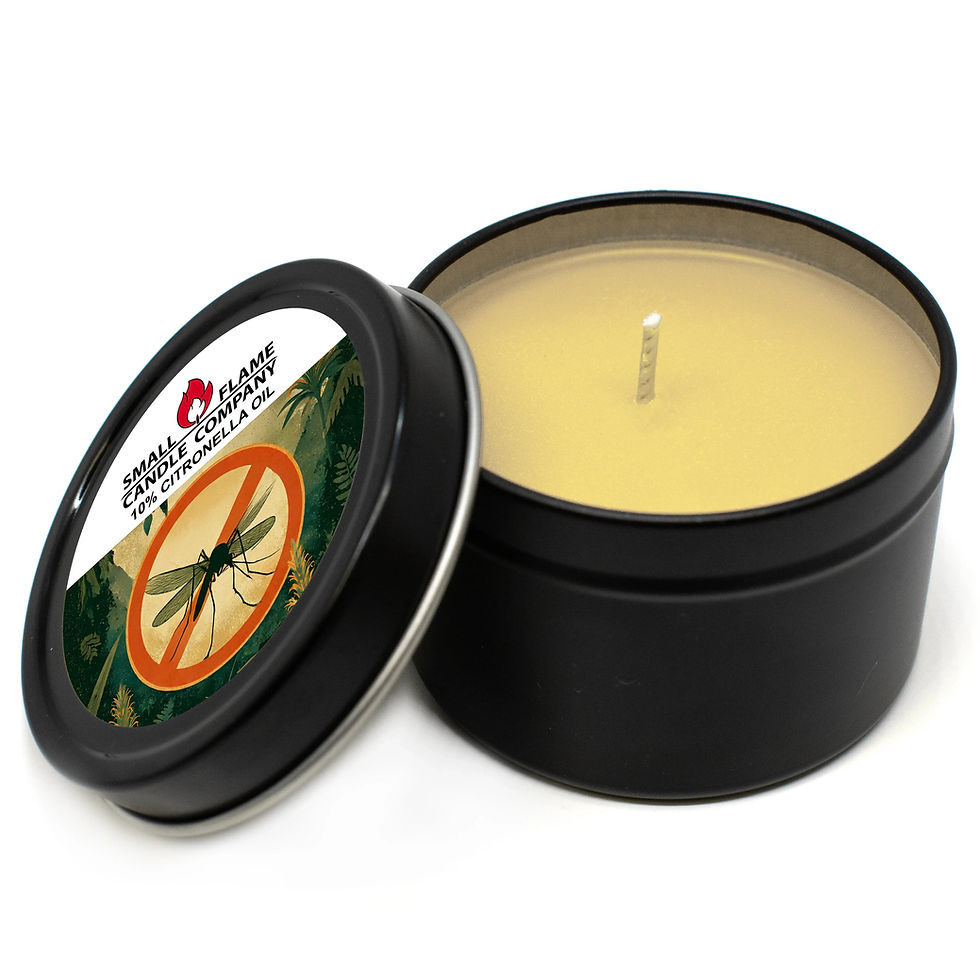 Open black tin citronella candle, lid with '100% CITRONELLA WAX'