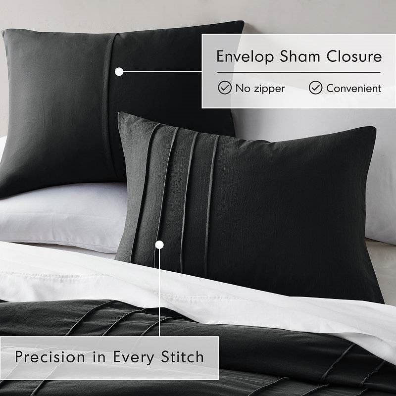 Black pillows highlighting 'Envelop Sham Closure' and 'Precision in Every Stitch'.