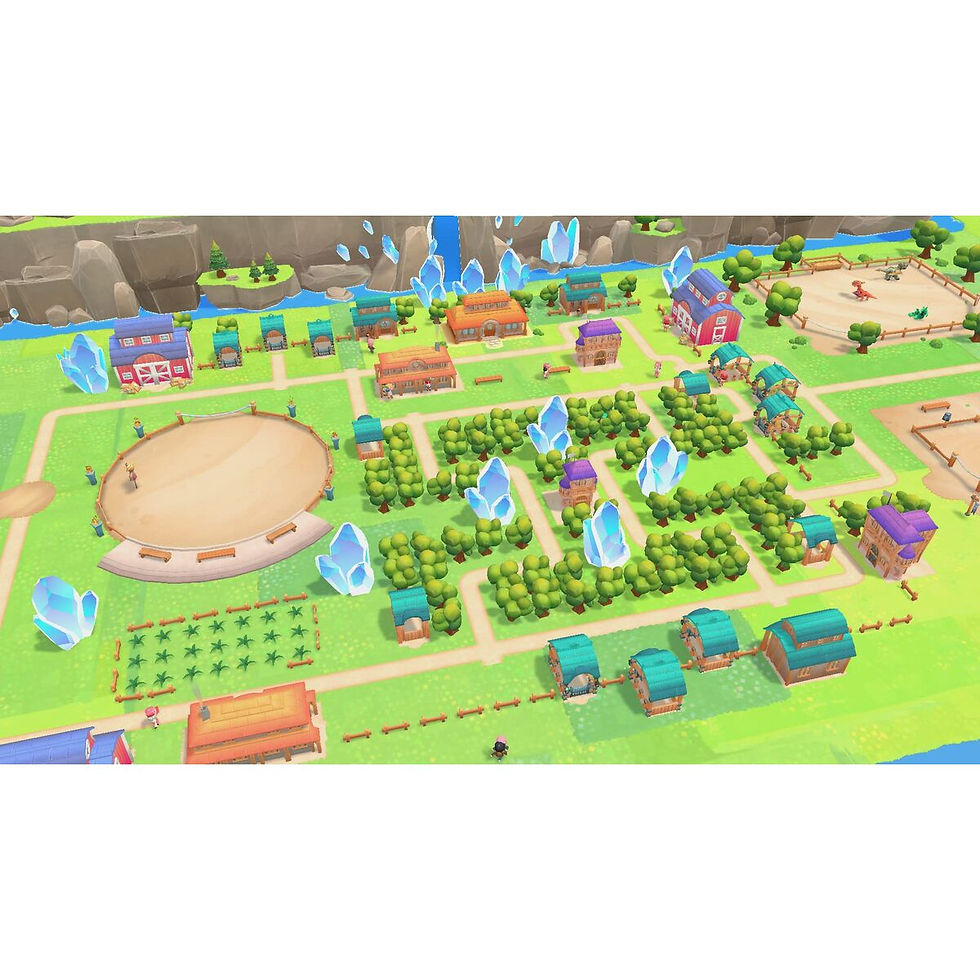Game map of a vibrant village with farm plots and crystals