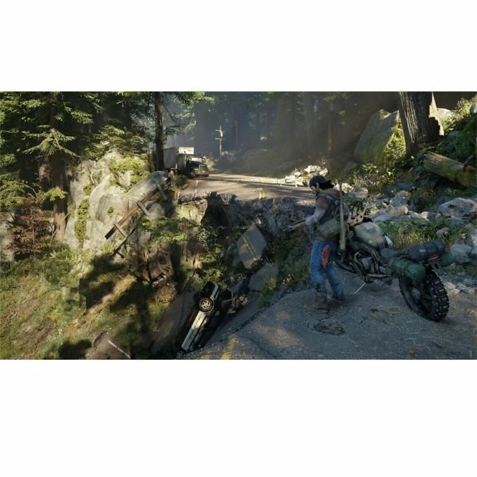 Thumbnail: Video game scene: character on motorcycle on a forest road near a cliff