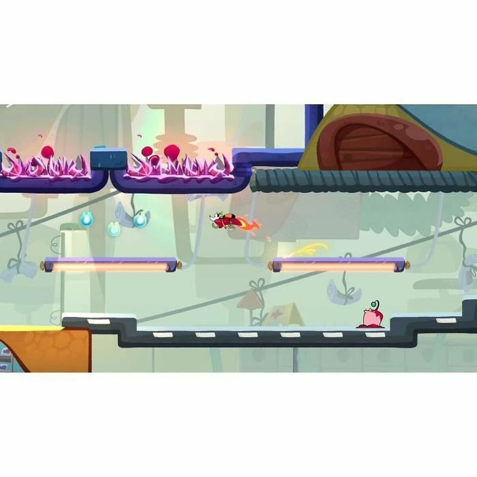 Thumbnail: 2D platformer game, red character flying over platforms and purple plants