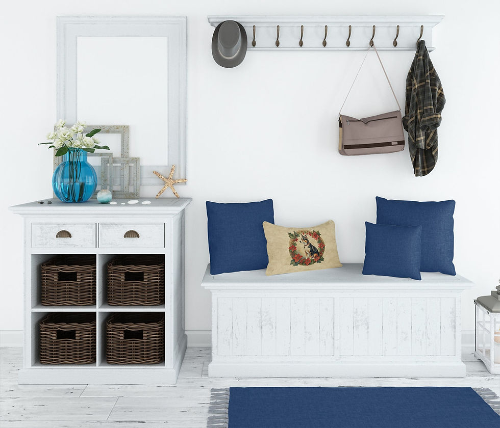 Thumbnail: White entryway with console, mirror, storage bench, and coat rack