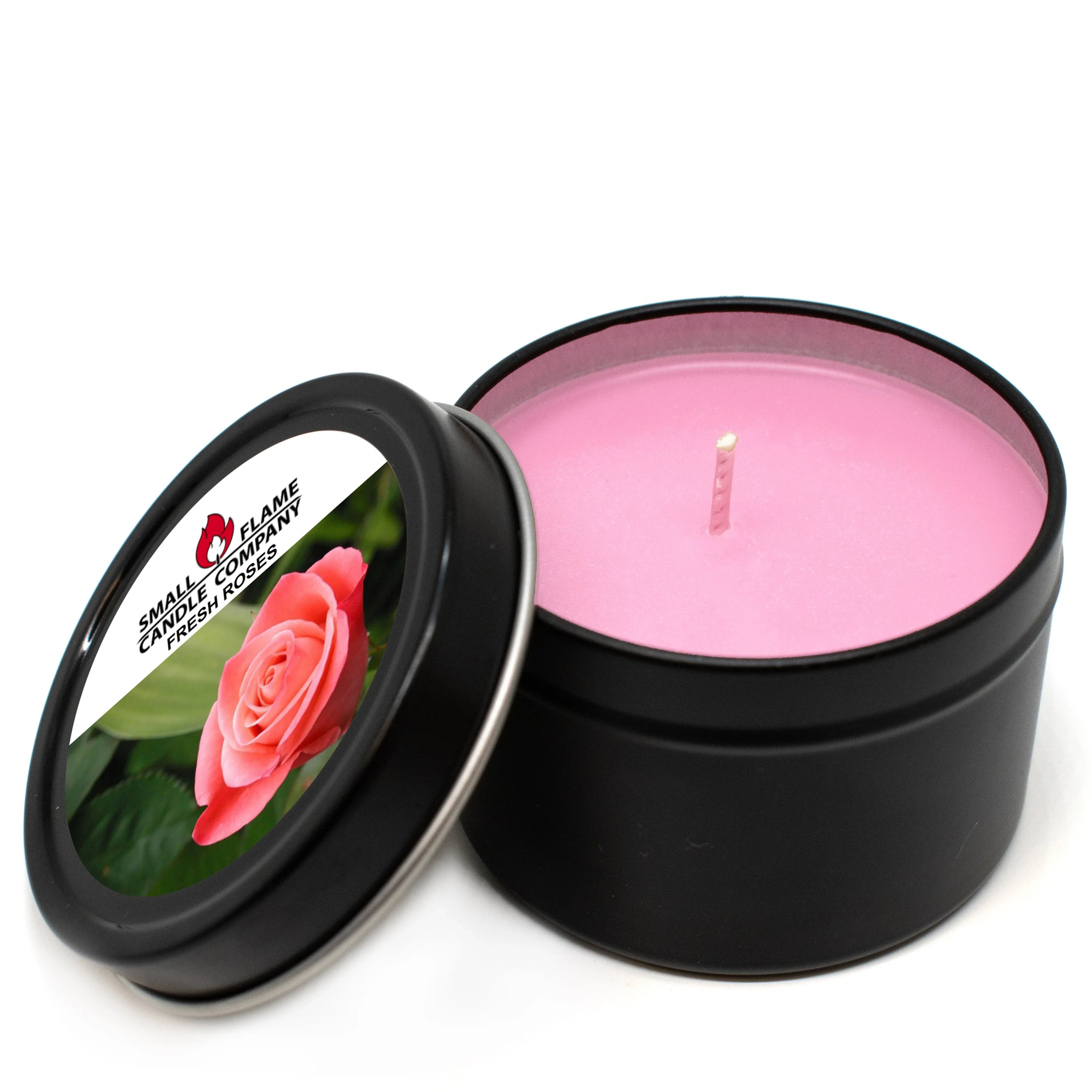 Open black tin candle, pink wax, 'Fresh Rose' label