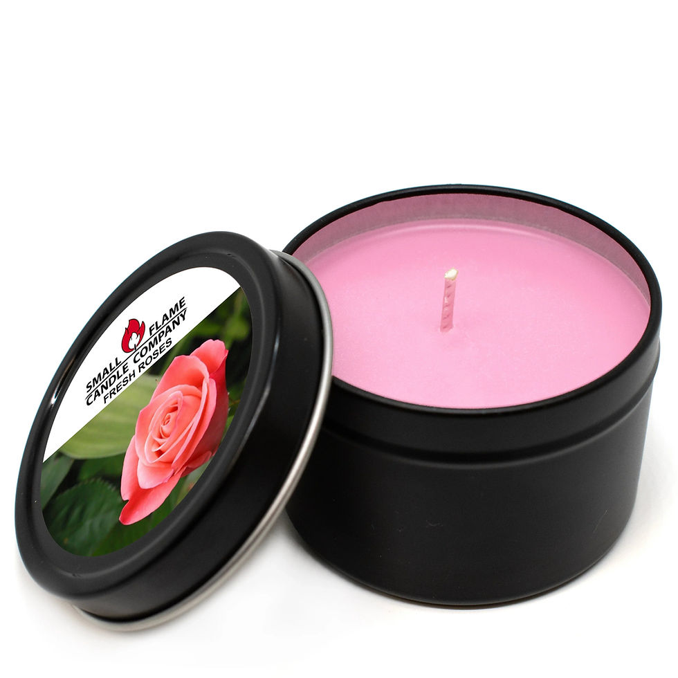 Open black tin candle, pink wax, 'Fresh Rose' label