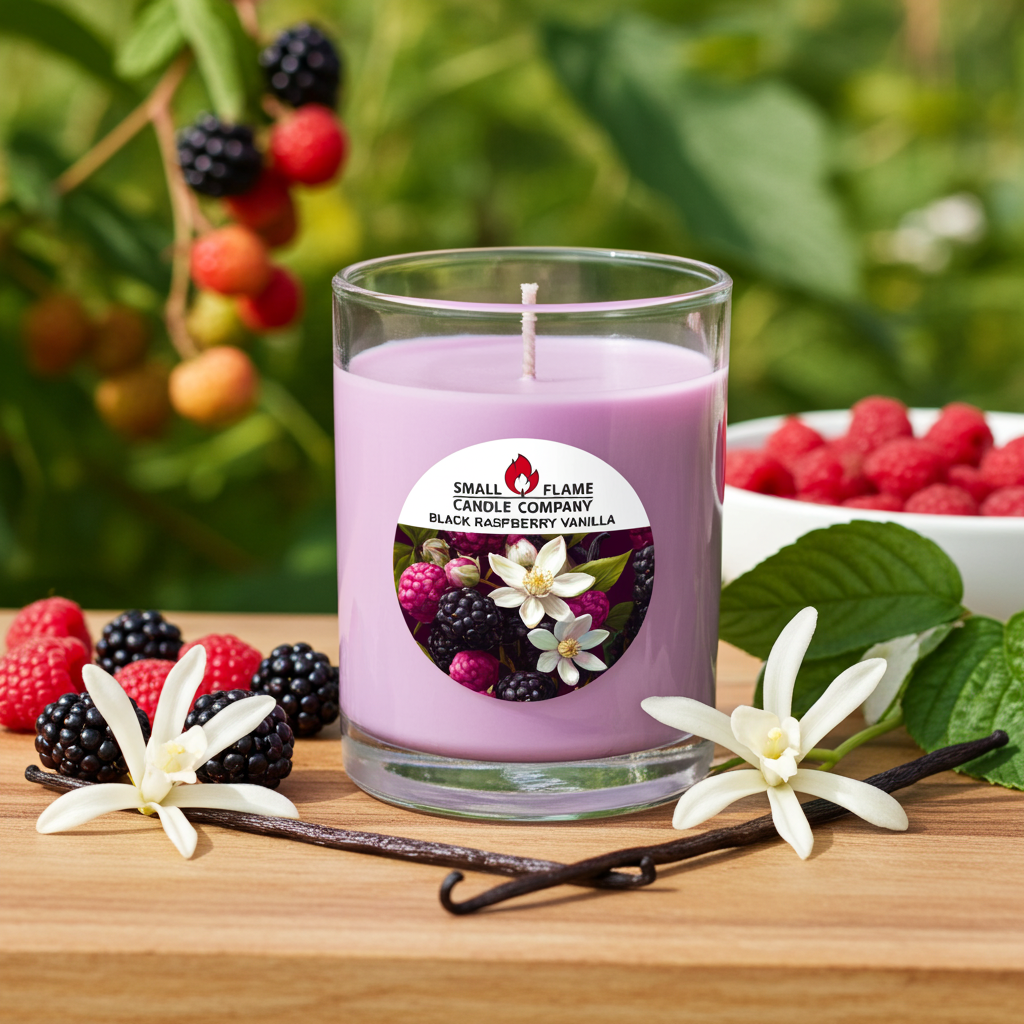Black Raspberry Vanilla candle with berries and vanilla beans