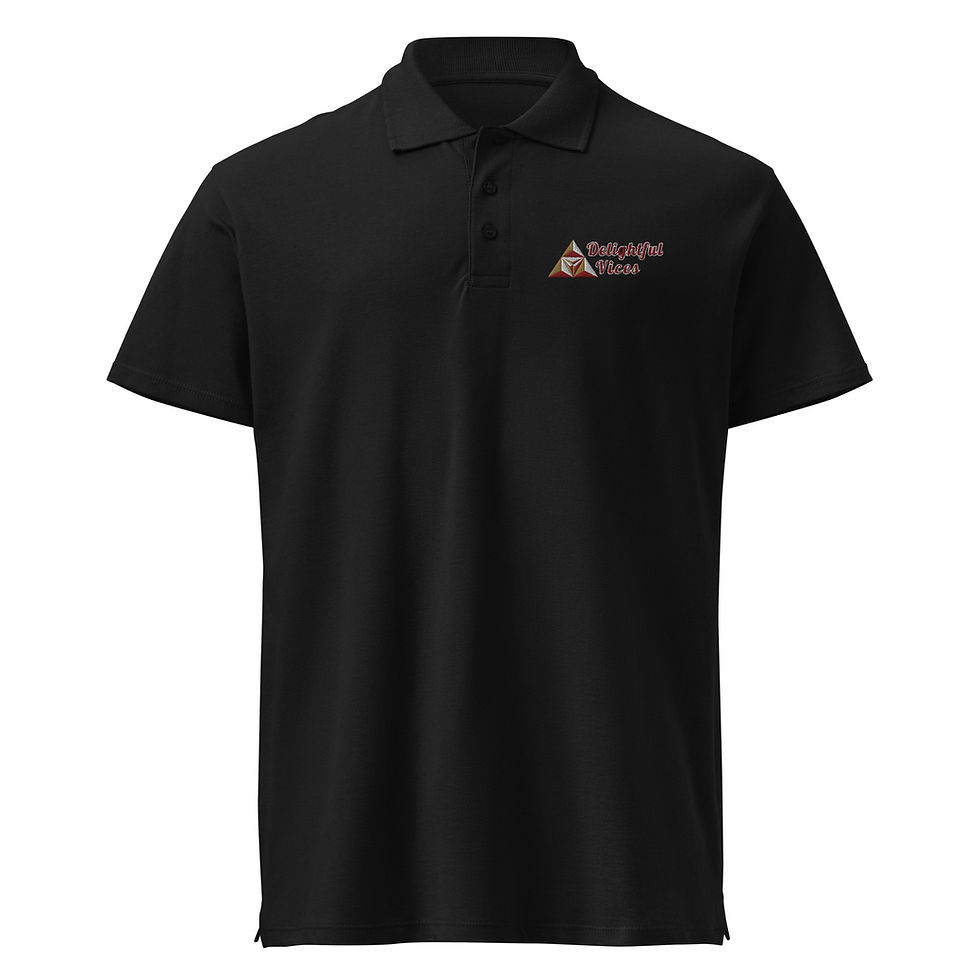 Black polo shirt with a logo on the left chest