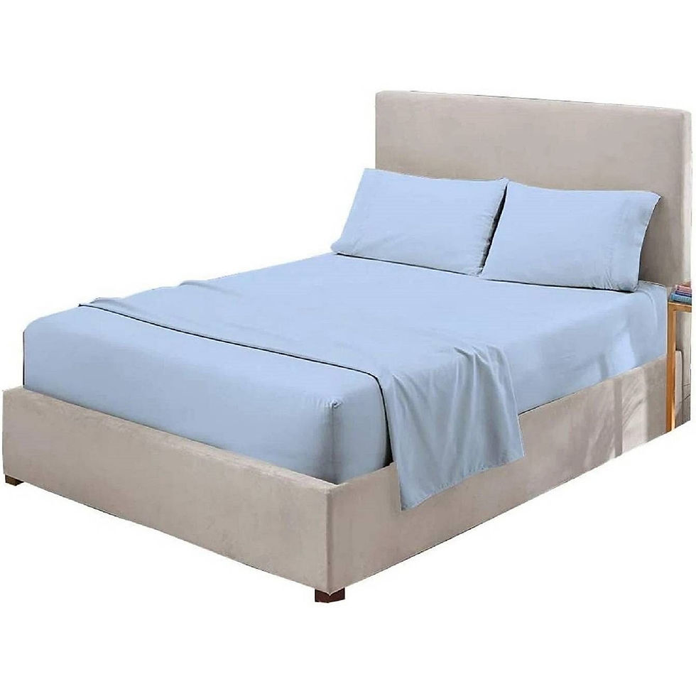 Light blue bed sheets on a beige bed