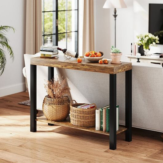 Rustic console table with books and home decor