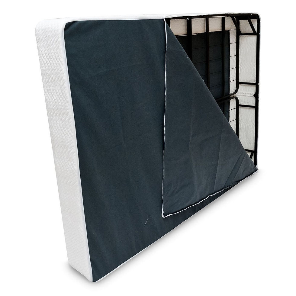 Mattress foundation with dark cover partially unzipped