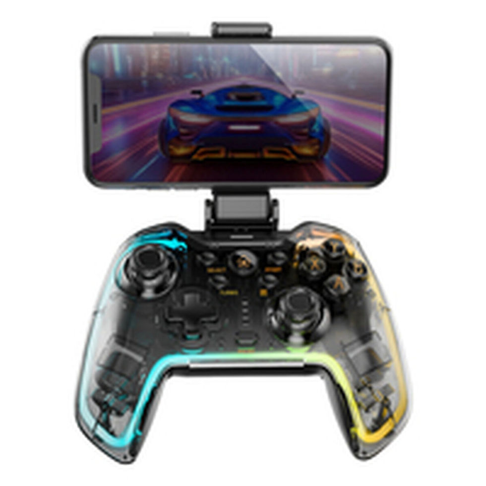 Thumbnail: Transparent gaming controller with colorful lights, smartphone displaying racing game