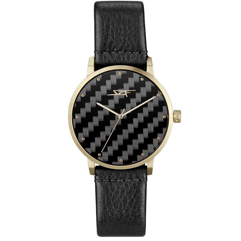 Gold watch with carbon fiber face, black leather strap