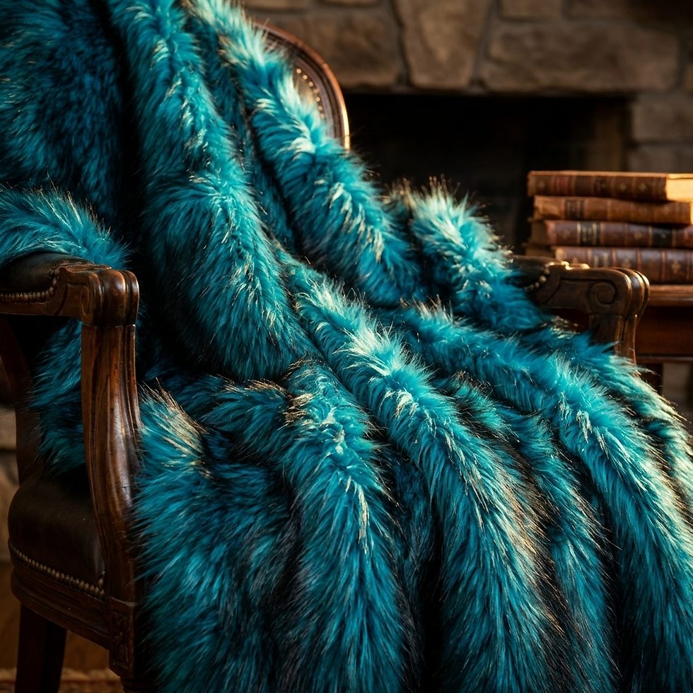 Teal faux fur blanket on armchair