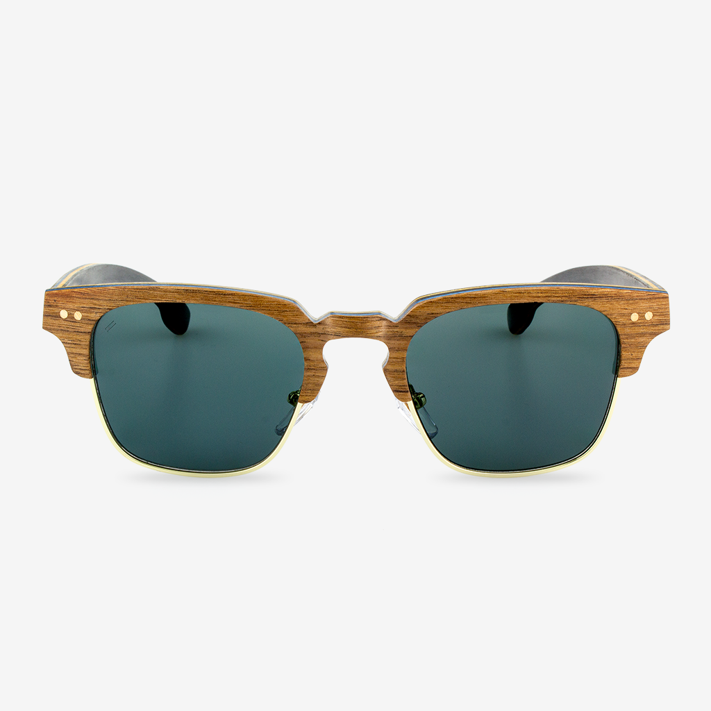 Wooden frame sunglasses with dark lenses