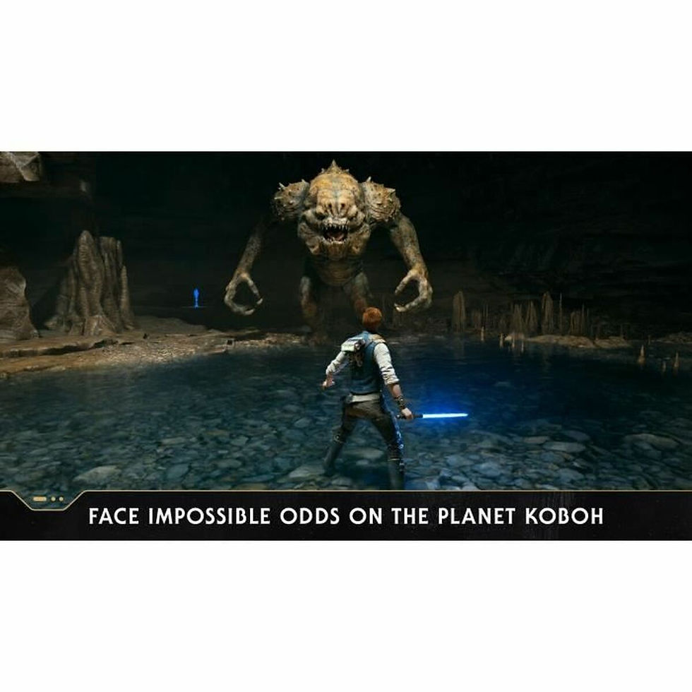Character with lightsaber facing monster. Text: Face Impossible Odds On The Planet Koboh.