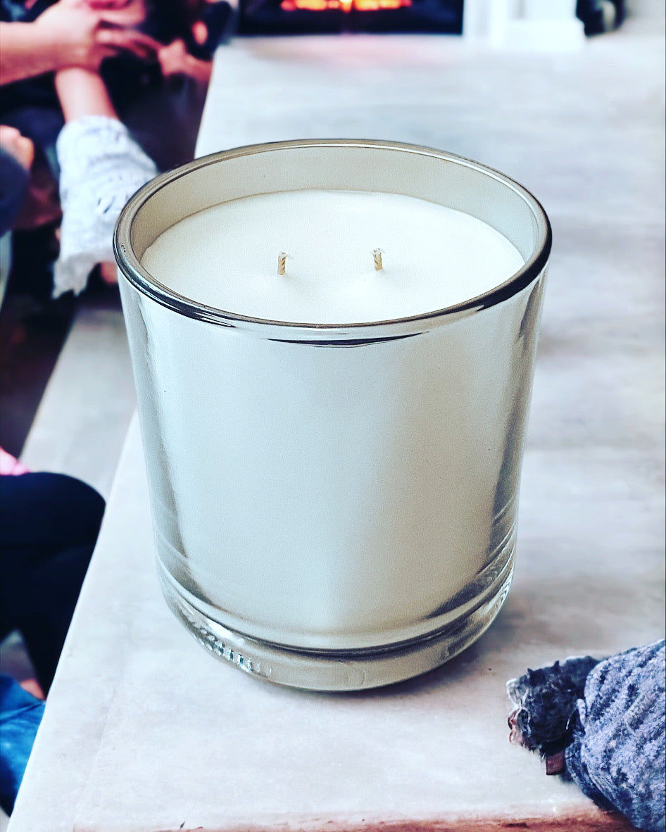Thumbnail: White two-wick candle in a glass jar with silver rim