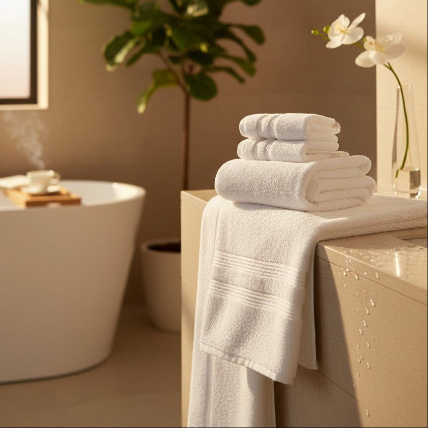 White towels stacked next to a steamy bathtub