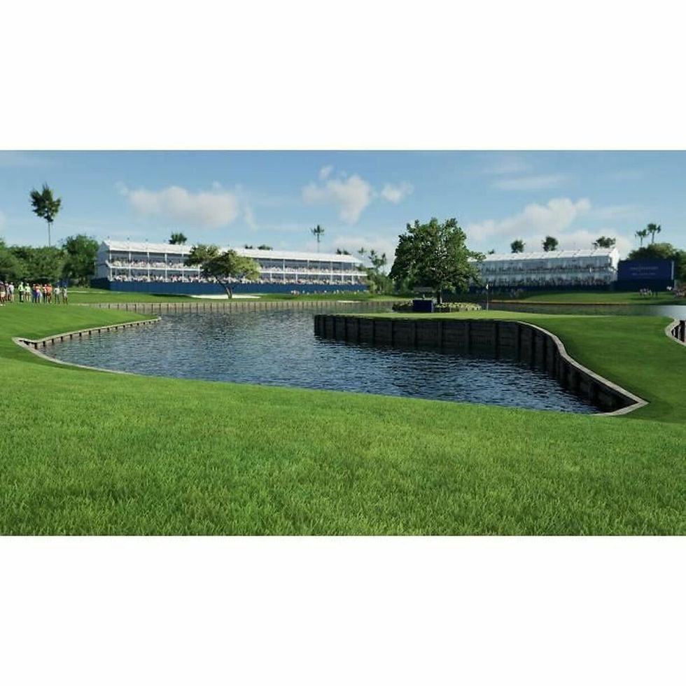 Thumbnail: Video game golf course with water hazard and buildings