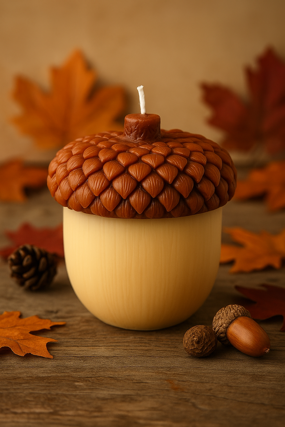 Acorn-shaped candle with fall leaves